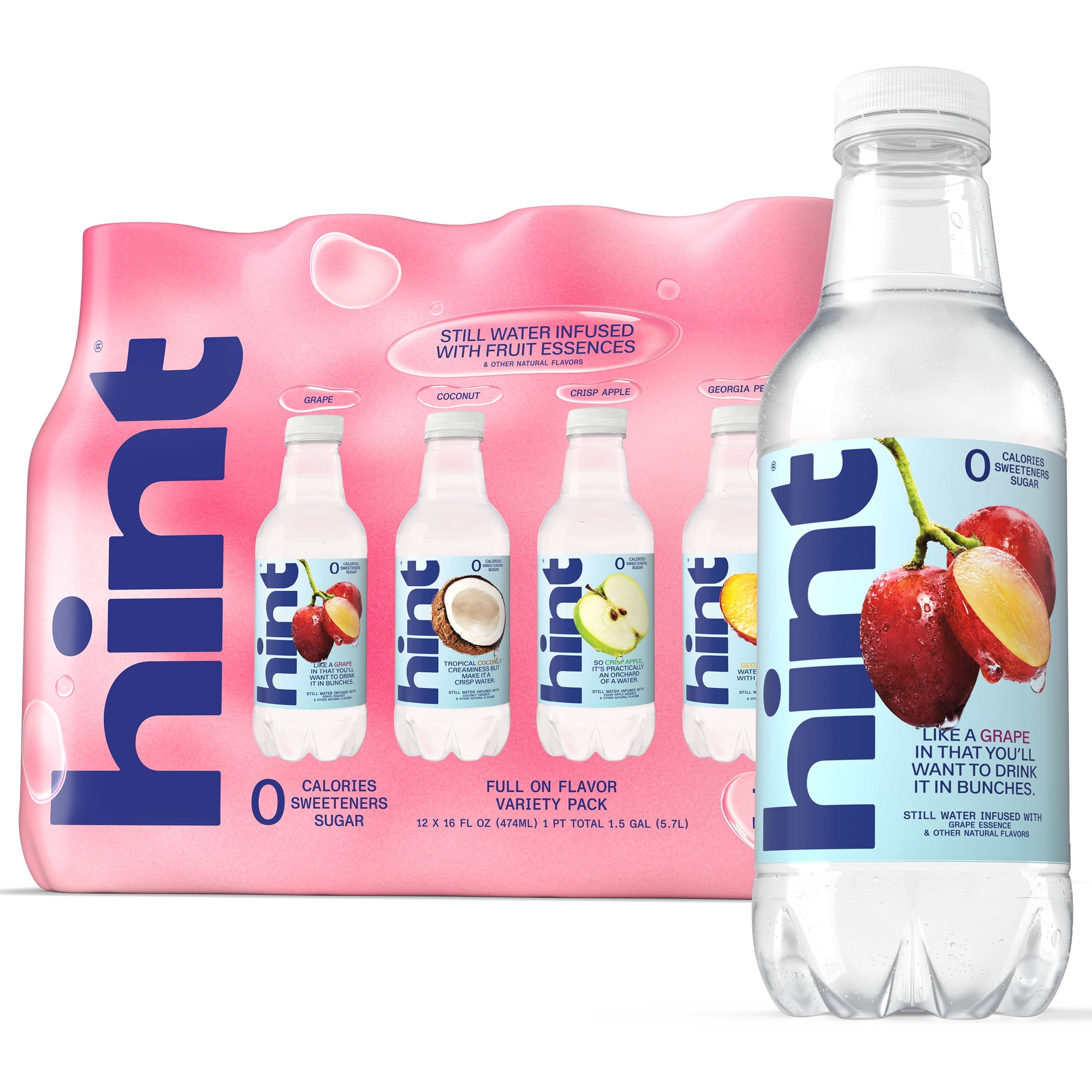 Hint Full on Flavor 4-Flavor Variety Pack Flavored Water V2, 16 fl oz, 12 Pack Plastic Bottles