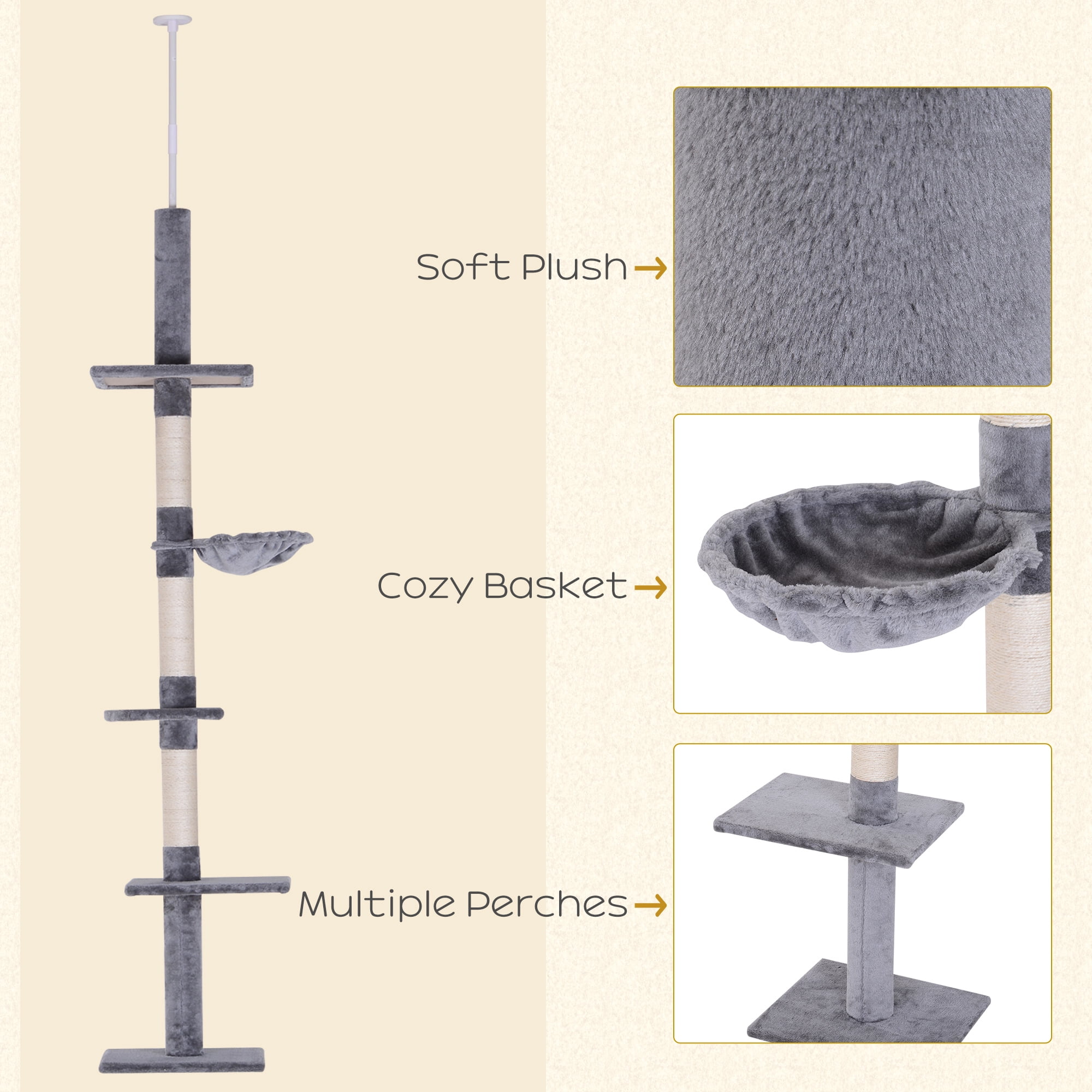 9' Adjustable Height Floor-To-Ceiling Vertical Cat Tree - Grey and White