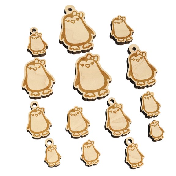 Cute Girl Penguin with Bow Wood Mini Charms Shapes DIY Craft Jewelry - With Hole - Various Sizes (16pcs)