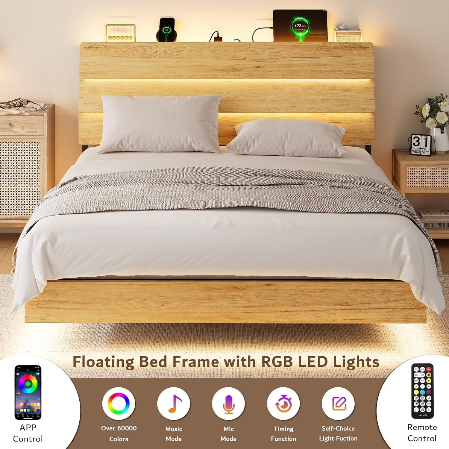 Galnfu Floating Full Size Bed Frame with LED Light and USB Port Charging Station, Platform Bed with Wooden Storage Headboard, Sturdy Steel Slats,Easy to Assemble, Oak