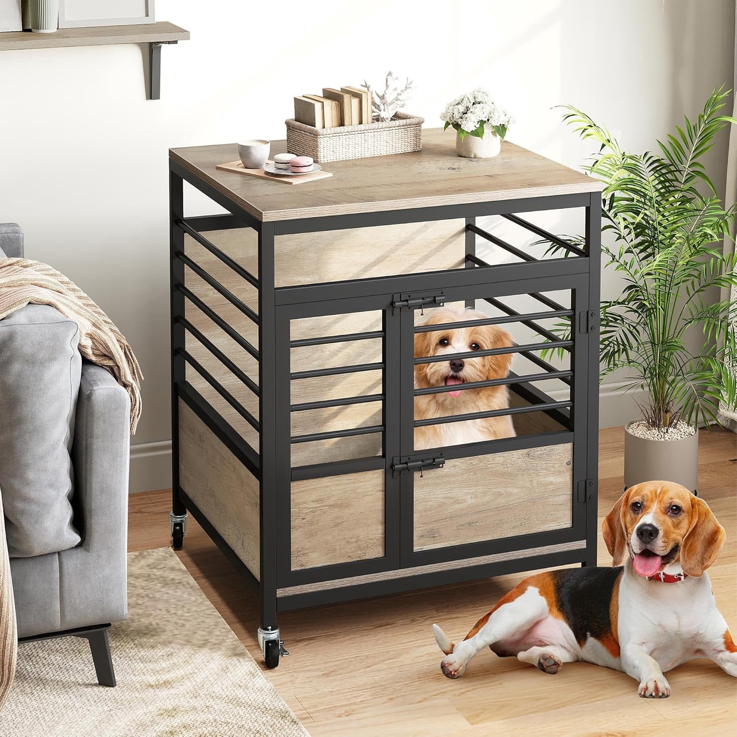 Uforic 23.6" Dog Crate Furniture Wooden Dog House with Wheels, Dog Kennel Indoor for Small Medium Dogs - Brown & Black