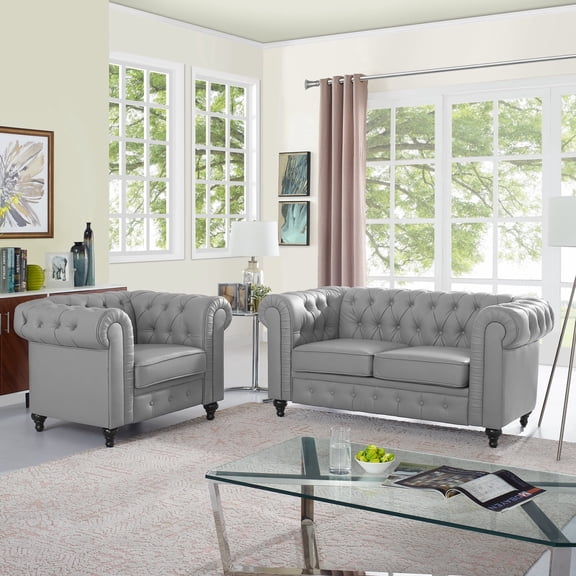 Naomi Home Chesterfield Sofa Set Living Room Chair Leather Couch Sofa Chair for Bedroom Modern Chesterfield Tufted Leather Chair Leather Sofas for Living Room (3 Piece Sofa Set)-Gray