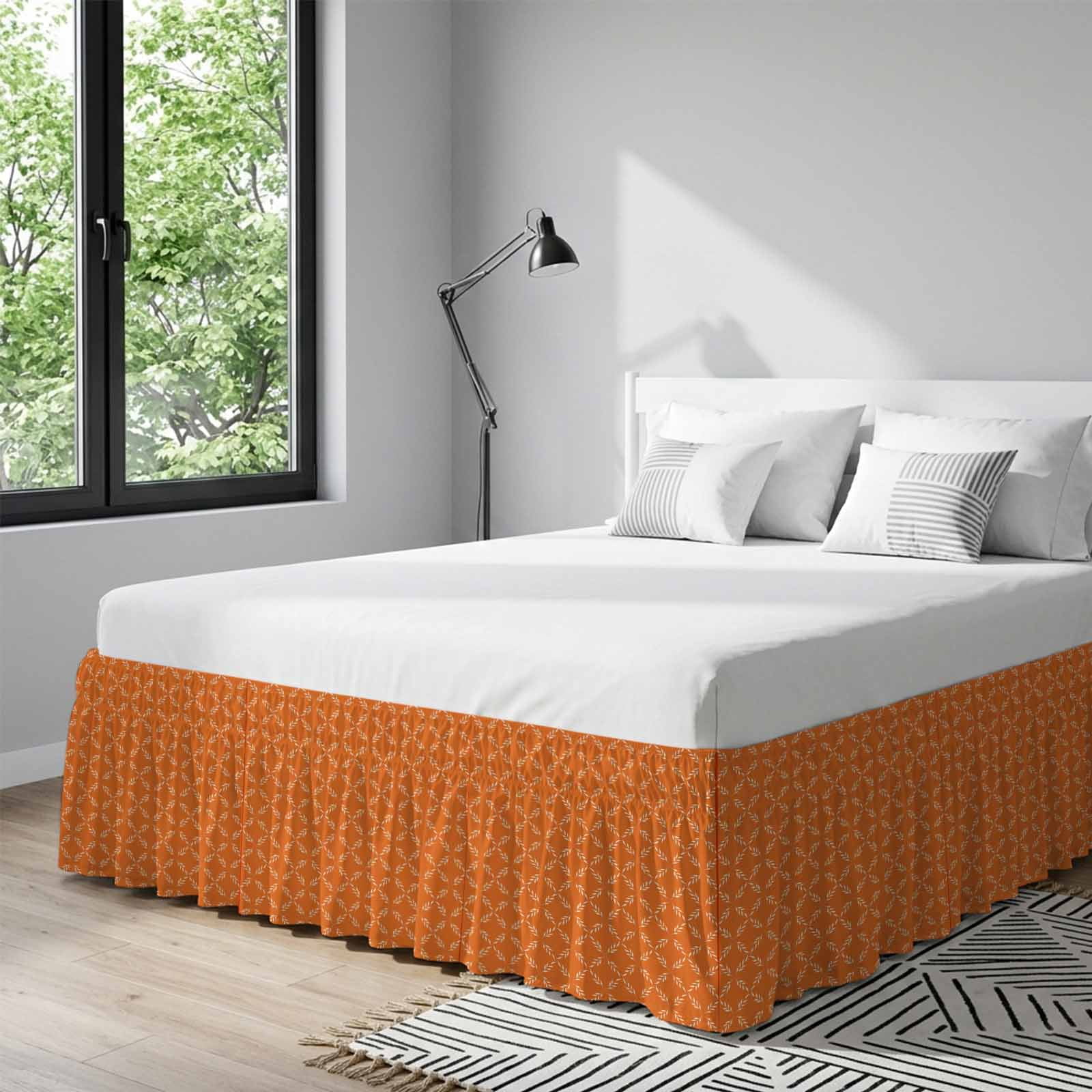 Orange Morocco Bed Skirt Queen Size 16 Inch Drop, Adjustable & Elastic Wrap Around Bed Skirts Pleated Dust Ruffles For Twin Full Queen Cal King Base Beds, Geometric Leaf Diamond Lattice Abstract