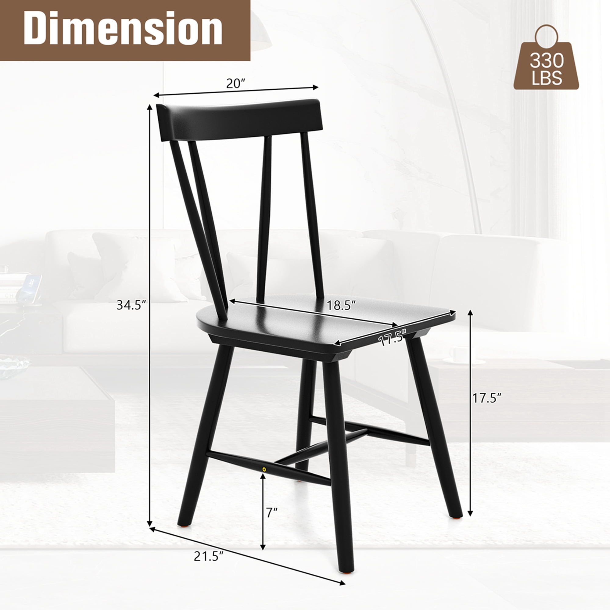 Costway Windsor Rubber Wood Dining Chairs, Black (Set of 2)
