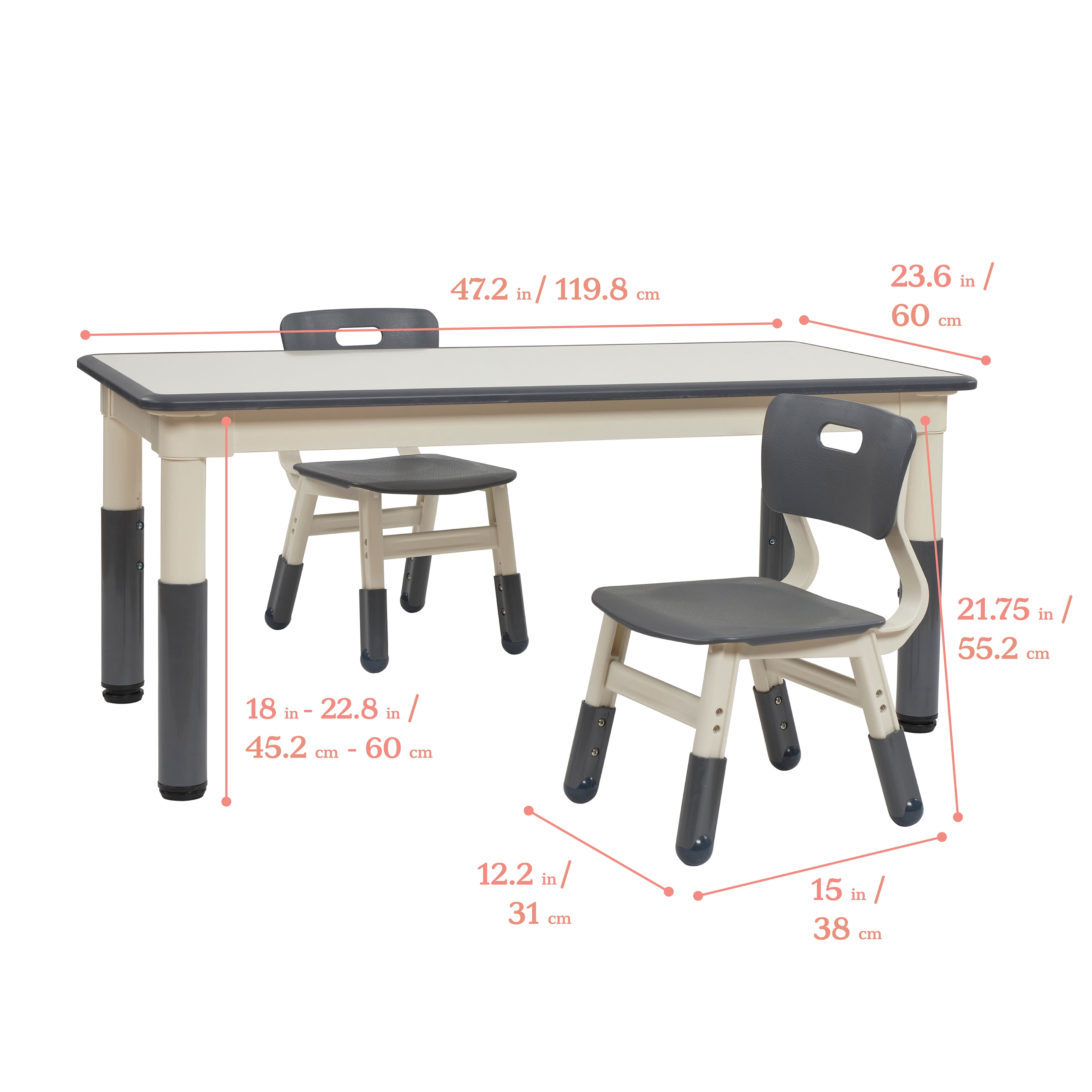 ECR4Kids Dry-Erase Rectangular Activity Table with Two Chairs, Kids Furniture, Grey, 3-Piece