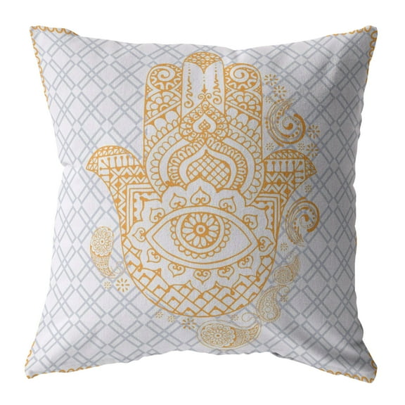 Hamsa Indoor/Outdoor Broadcloth Fabric Pillow in Gold on Gray 20x20