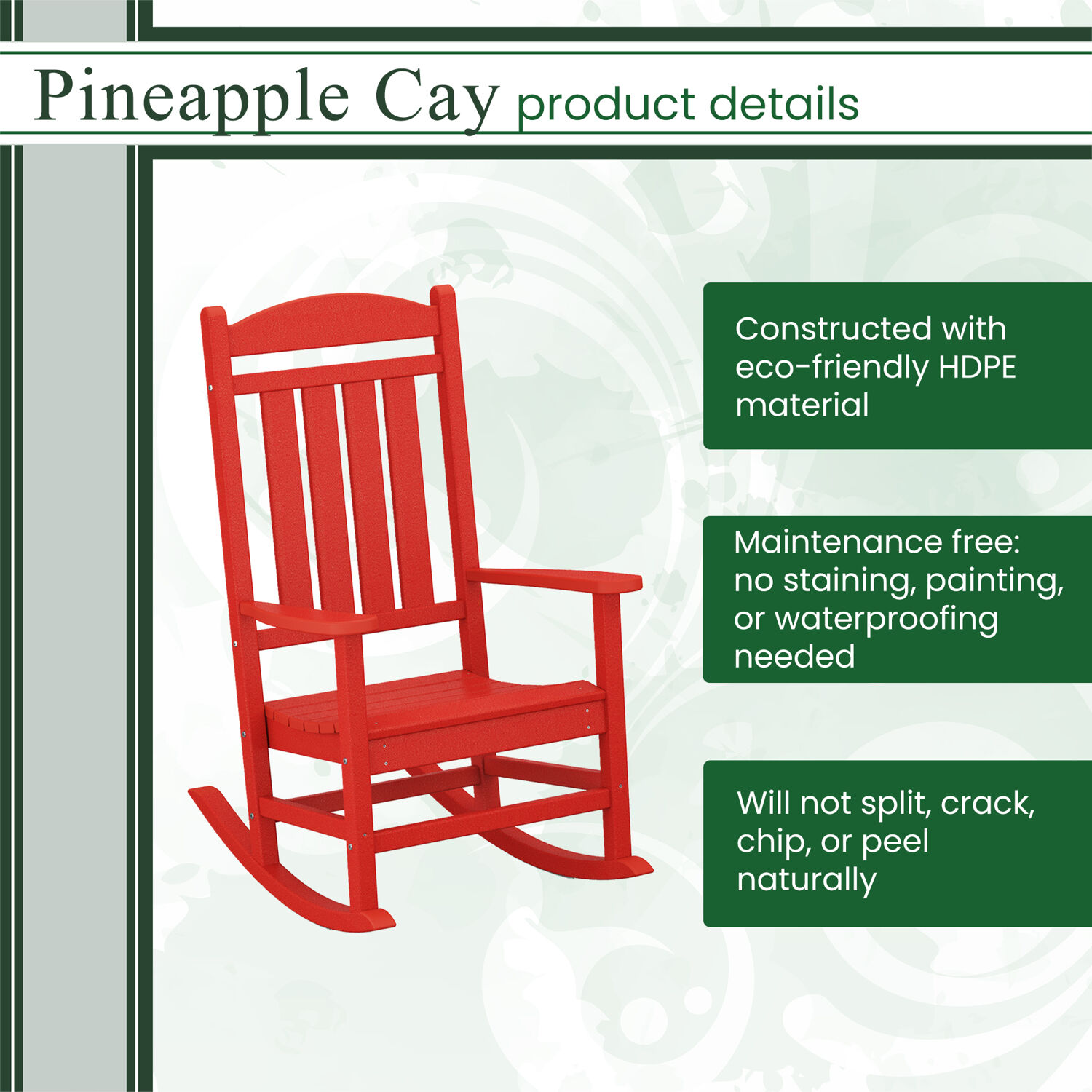 Hanover Pineapple Cay All-Weather Outdoor Patio Porch Rocker, Eco-Friendly, Recycled Material, - HVR100SR - image 3 of 5