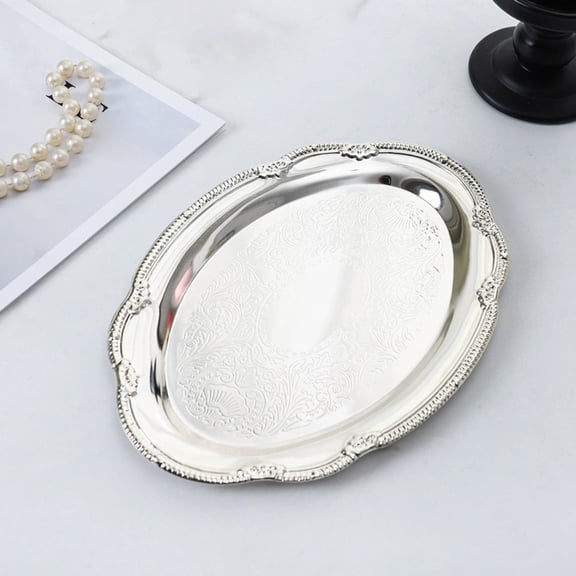 1PC Oval Decorative Serving Tray, Vintage Embossed Stainless Steel Tray, French Style Platter for Coffee, Tea, Jewelry and Table Display