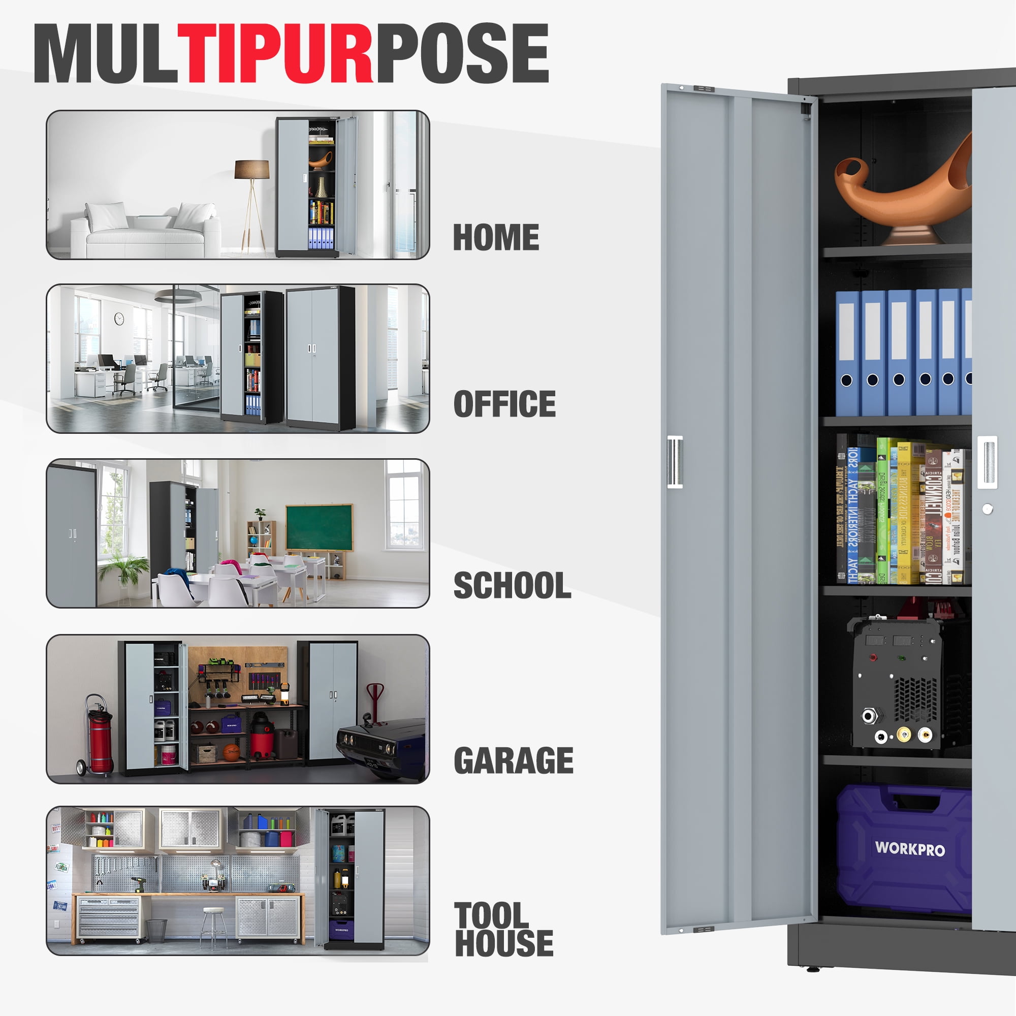 WORKPRO Metal Garage Cabinet with 5-Shelf, 5-Drawers, Freestanding Garage Cabinet, Solid Packed, Black & Gray, 1 Count