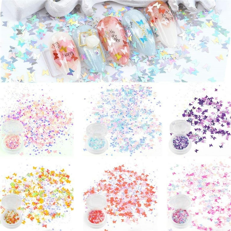 Holographic Nail Glitter for Acrylic Nails, 6Boxes 3D Colorful Shining Nail  Sequins Set Acrylic Nail Accessories for Nail Art Holographic Nail Confetti  Nail Art Supplies Powder Dust for DIY Crafts 