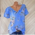 thumbnail image 2 of HAPIMO Women's Fashion Shirts Solid Color Print Tops Short Sleeve Tees Comfy Casual Loose Blouses Lace Crochet Clothes for Girls Notch V-Neck T-shirt Blue XXXXXL, 2 of 4