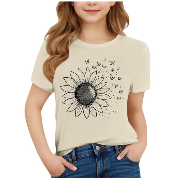 Kids Girl Boy Tops Butterfly Sunflower Floral Print Blouse for Kid Short Sleeve Boat Neck Spandex Casual Summer Fall Shirts 2026 Clothes Fashion