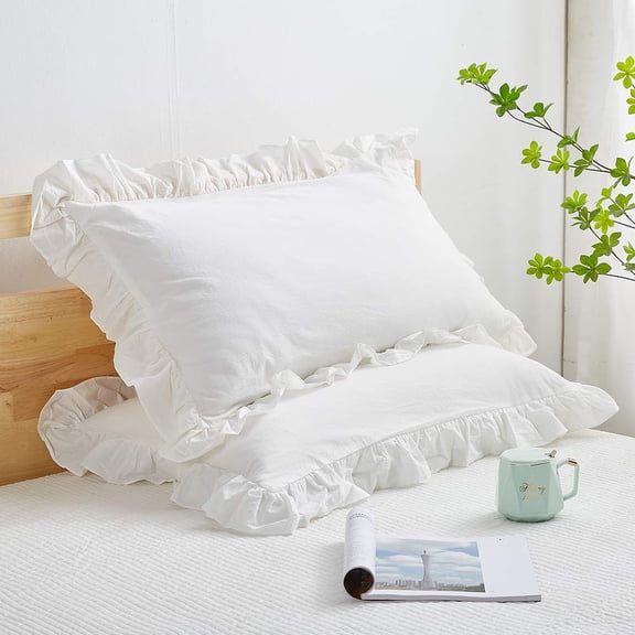 Ruffle Pillow Shams, Farmhouse Off White Cotton Pillow Covers Protectors Shabby Chic Decor Pillowcase for Bedroom, Sofa - 2 Pack 20" x 30" (Without Pillow Insert)