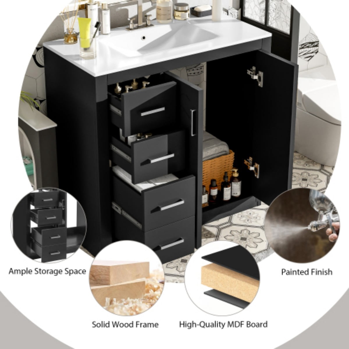 36" Bathroom Vanity with Sink, Freestanding Bathroom Vanity Cabinet with Ceramic Sink, Solid Wood Frame, 3 Drawers & Soft Close Doors, Modern Storage Cabinet, Black
