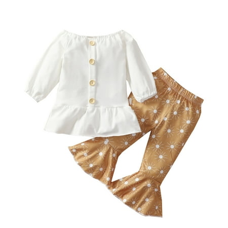 

Dadaria Toddler Girl Fall Outfits 6Months-4Years Toddler Clothes Autumn Winter Girls Pullover Tops Flowers Sun Flared Trousers 2PCS Set Suit Brown 18-24 Months Toddler