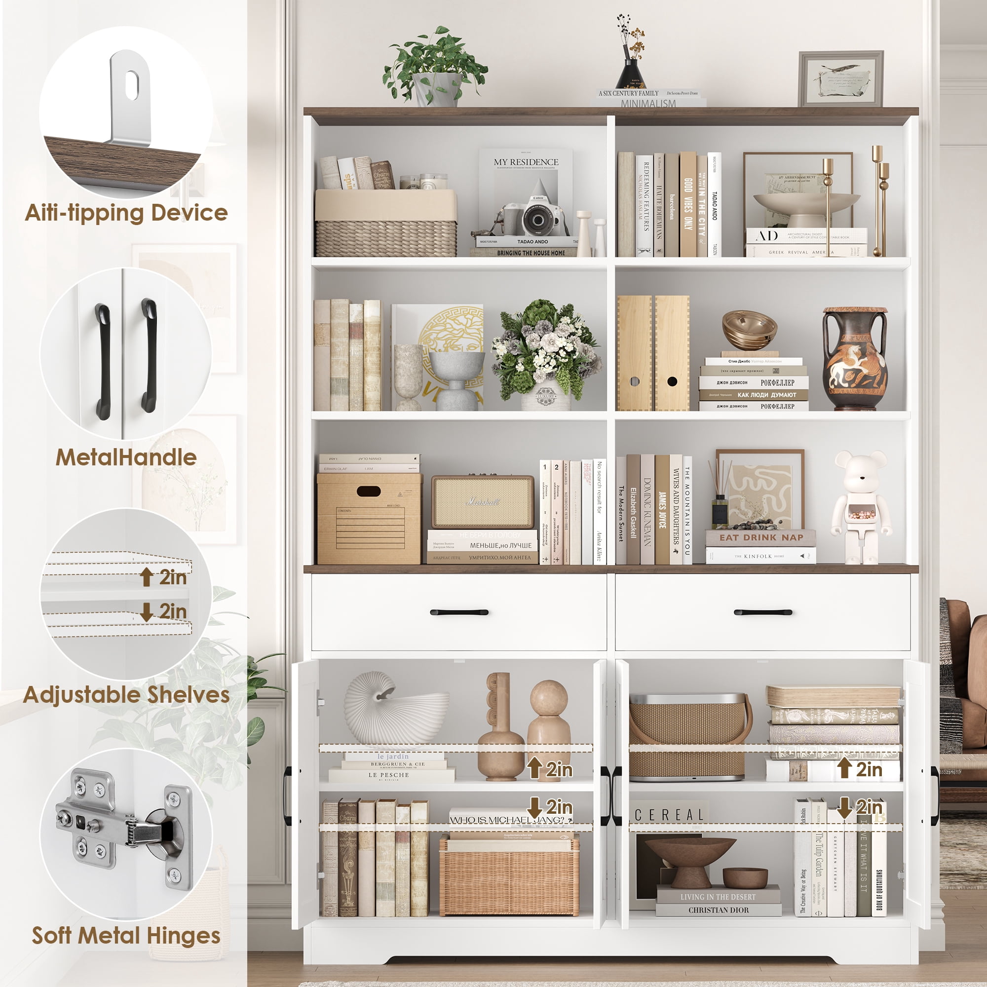 Homfa 69'' White Bookshelf with Drawers, 6-Tier 6 Cubes Display Bookshelf, 4 Doors Double Row Bookcase with Adjustable Shelves for Living Room Home Office
