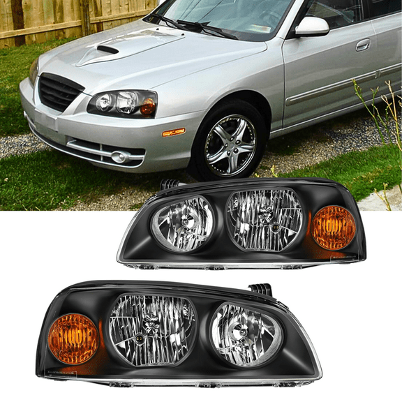Headlight Assembly Pair For Hyundai Elantra 2004-2006 Black Housing Amber Reflector Clear Lens Driver and Passenger Side