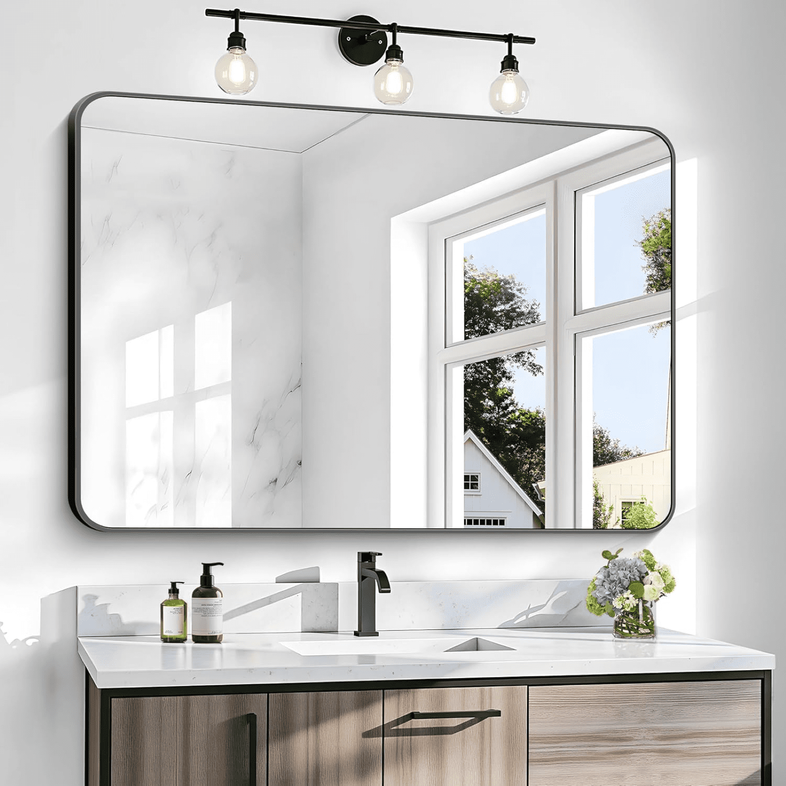 SHATTERVIEW 36"x48" Bathroom Mirror Large Rectangular Wall Mirror Metal Frame Rounded Corner Vanity Mirror,Black