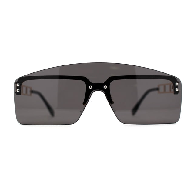 Curved Top Shield Half Rimless Rectangular Sunglasses Gold Black