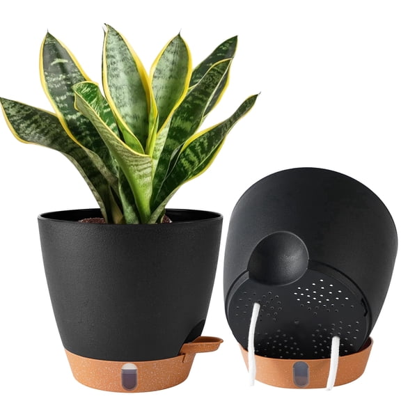 2 Pack 8 Inch Pots for Plants Indoor, Plastic Self Watering Planters with Drainage Holes, Water Level Indicator & Deep Reservoir, Decorative Flower Pots Indoor Outdoor Use (Black)