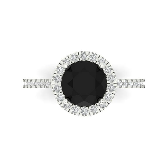 1.8 ct Round Cut Natural Onyx Halo Engagement Ring for Women in 14K White Gold