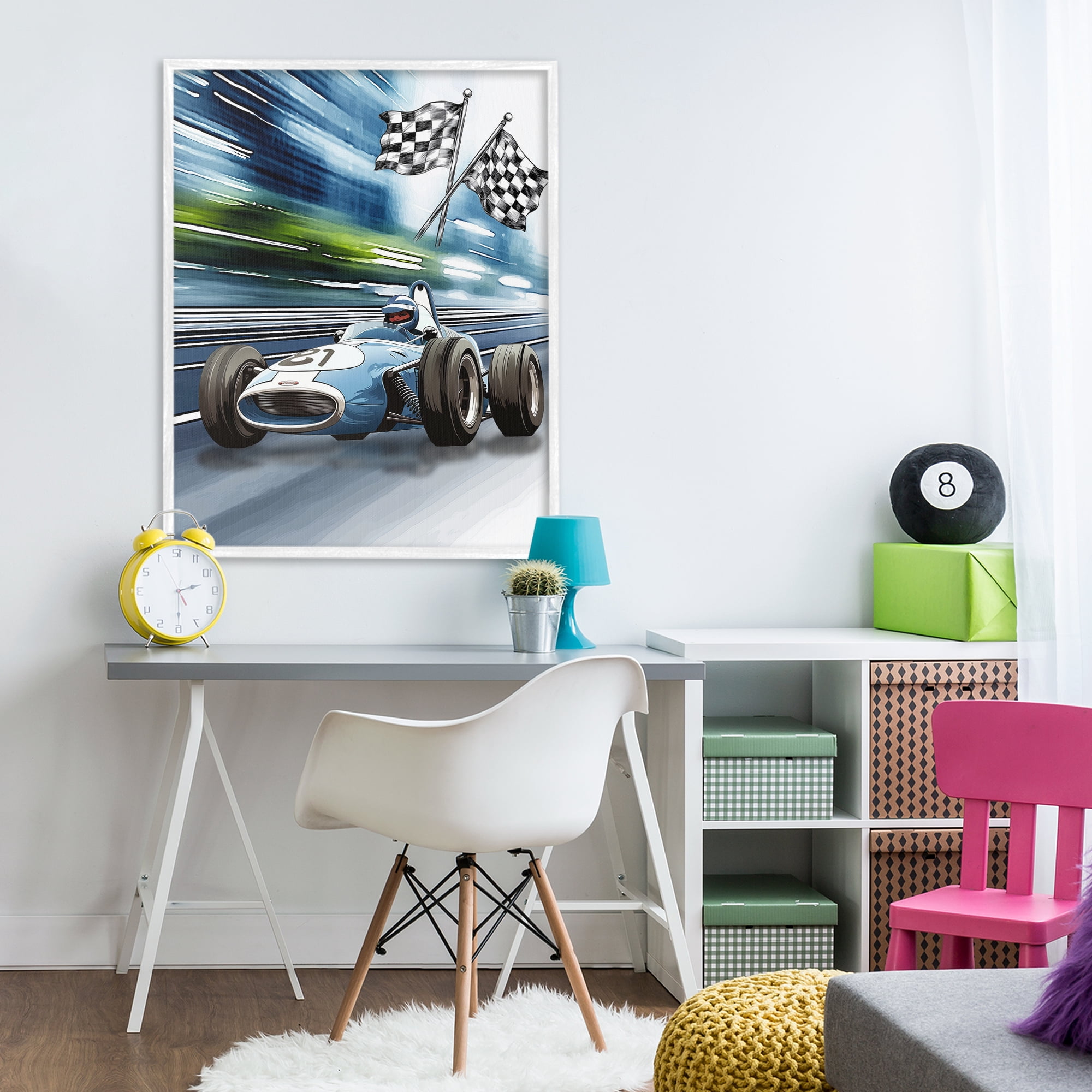 Stupell Industries Speedy Racecar with Flags White Framed Giclee Art, design by Christine Simpson Art