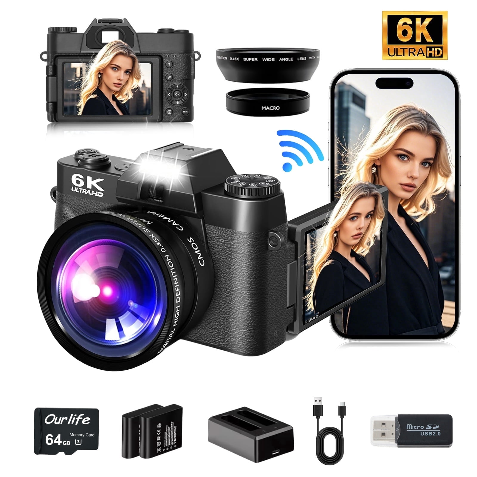 Ourlife 6K Digital Camera 64MP 16X Zoom WiFi, Wide-Angle & Macro Lens Autofocus WiFi Vlogging Camera for Youtube Tiktok Content Creator 64GB Card Black