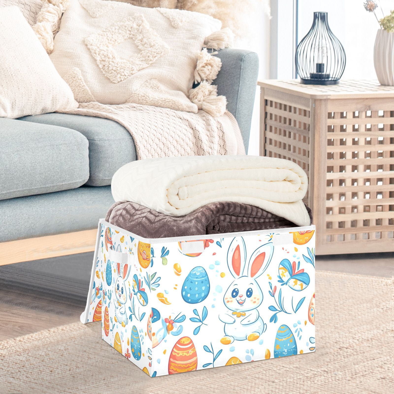 Easter Eggs Rabbits Leaves Storage Basket for Shelves Foldable Container Organizer for Organizing Toys Clothes Books with Handles