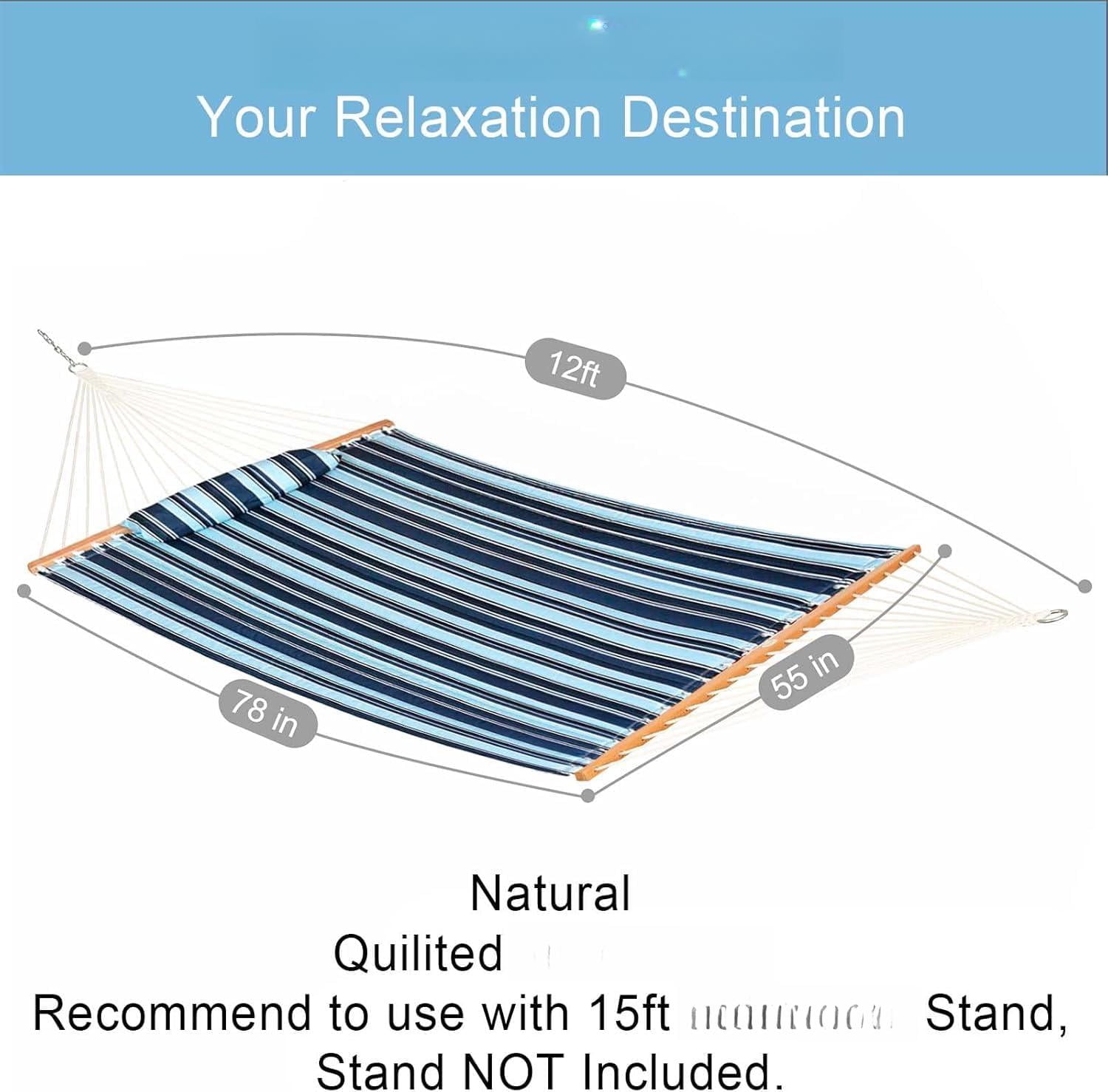 12 Ft Quilted Fabric Double Hammock With Spreader Bars And Detachable Pillow  450lbs Weight Capacity