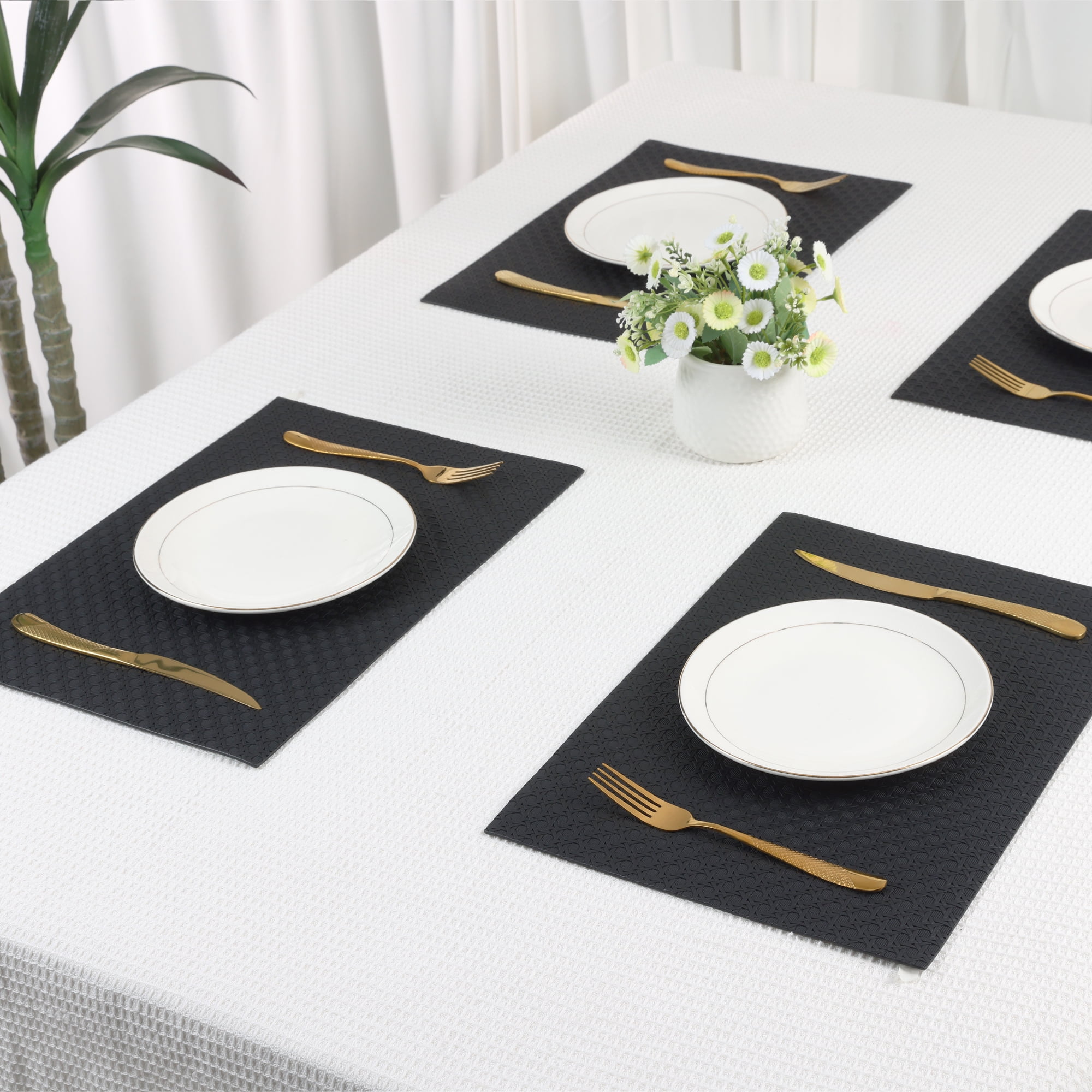 Unique Bargains Set of 6 Woven Placemats for Dining Black 17*12in