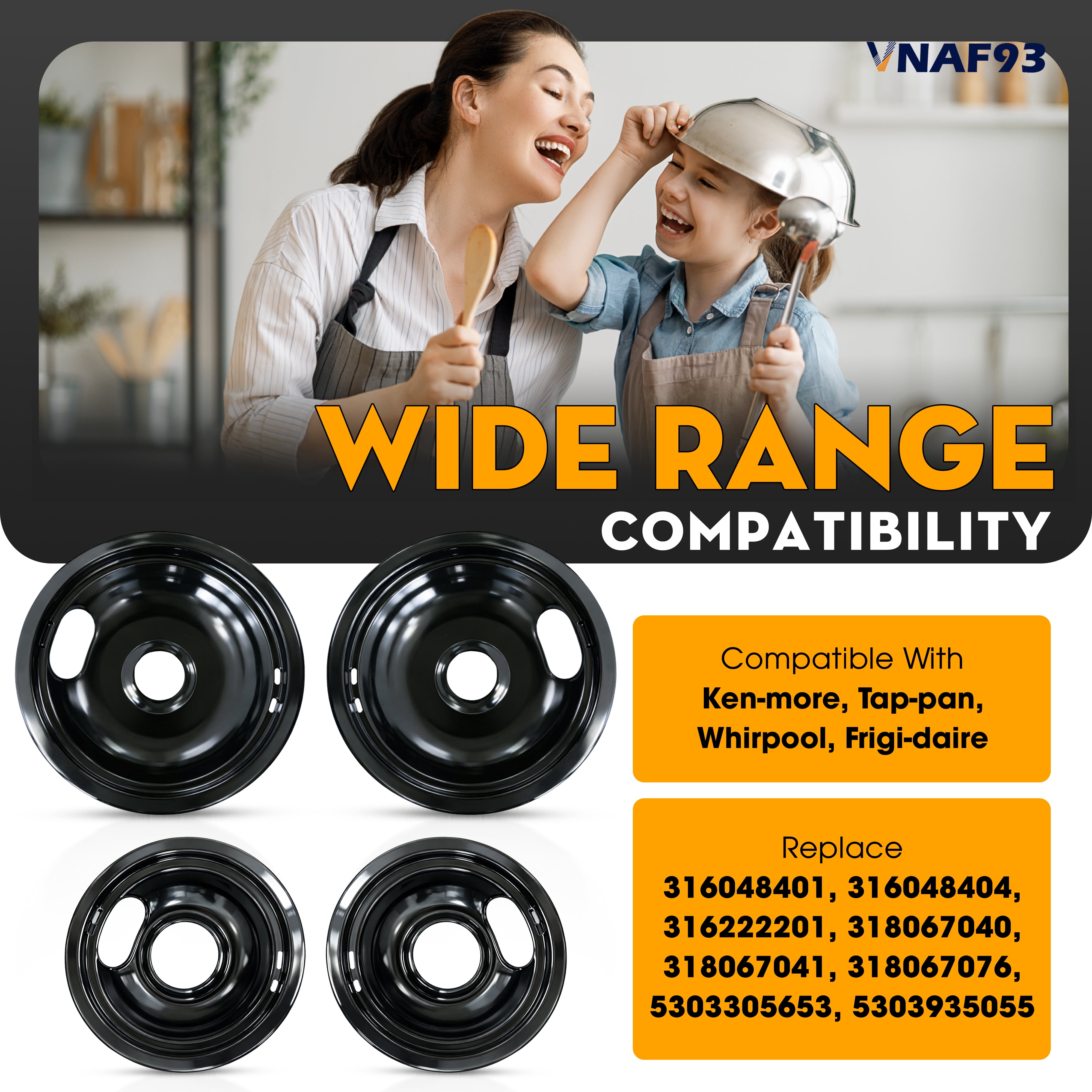 VNAF93 Upgraded Black Porcelain Drip Pans Set 4 Pack 318067041 & 318067051 Replacement for Frigidaire Electric Range Stove Burner for 5304430149, 5304430150 Includes 2 8-Inch and 2 6-Inch Pans