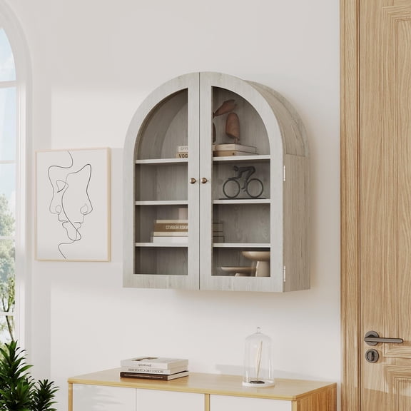 Bathroom Wall Mounted Cabinet Arched Medicine, Over Toilet Storage with Acrylic Doors, Natural