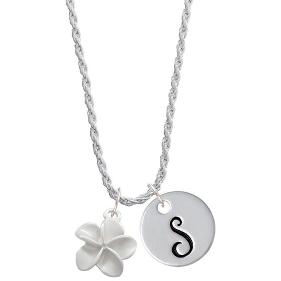 Delight Jewelry Silvertone White Plumeria Flower Silvertone Script Initial Disc - S - Charm Necklace, 20" 3"