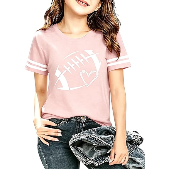 Girls' Football Graphic Tee – Short Sleeve Sports Top for Kids, Casual Loose Fit Playful Print T-Shirt for School & Practice