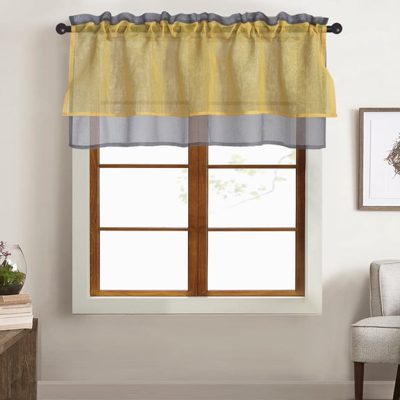 2 panels yellow and grey colorblock valance for kitchen bedroom, modern rod pocket sheer drapes