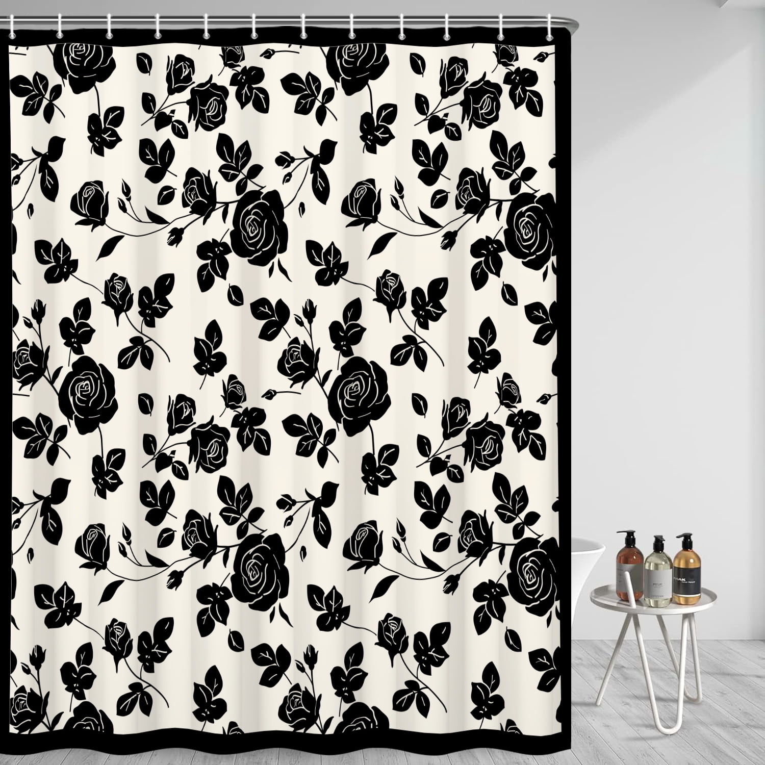 MIZHONA Black and White Floral Shower Curtain Vintage Rose Print Waterproof Fabric Bathroom Curtain 72x72 in