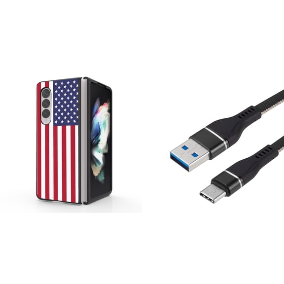 Accessory Bundle for Galaxy Z Fold 4: Slim Snap-On Case (American Flag), Nylon Braided USB-C to USB-A Cable (3 Feet)