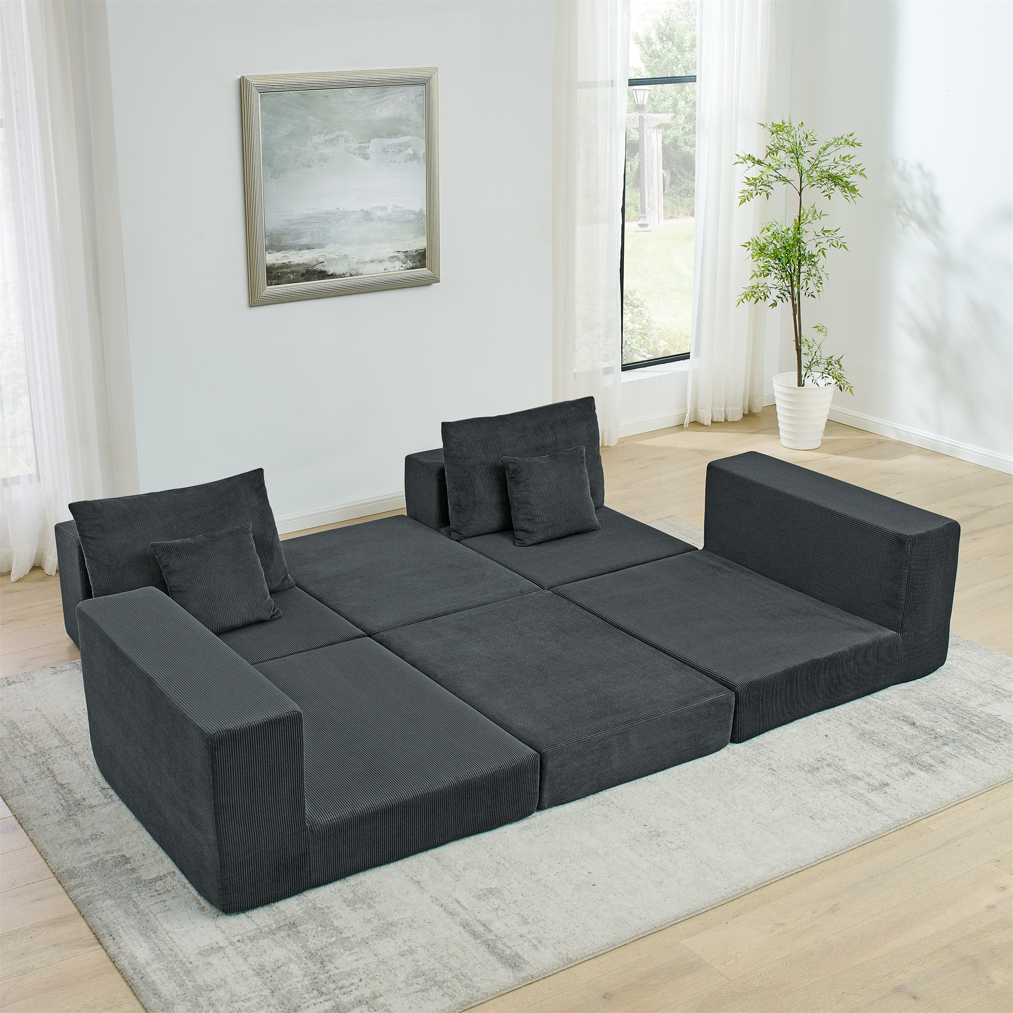 Miniyam Corduroy Modular Sofa, Cloud Couch Deep Seat Sectional with Pillows and Ottoman, No Assembly Required, Living Room Furniture, Grey
