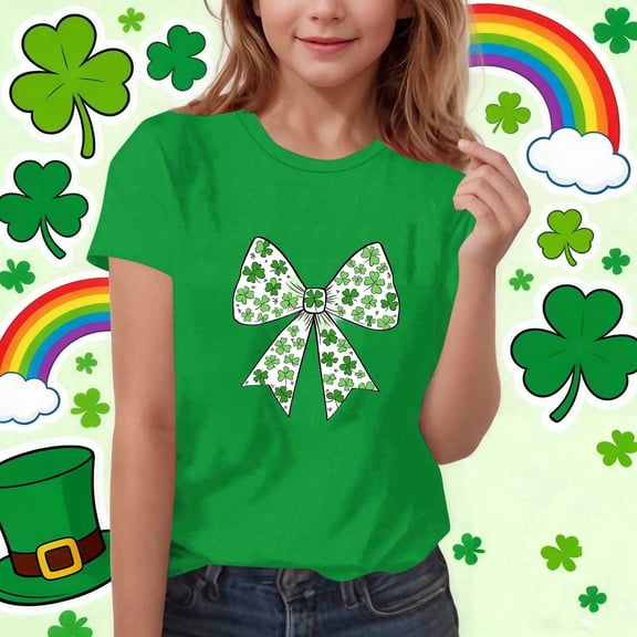 St Patricks Day Shirts for Girls Good Fortune Bow Shamrock Print Short Sleeve T-Shirt Stretch Green Kids Tee,Size 12-13T