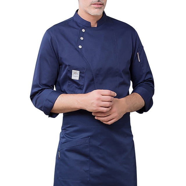 maskred Fashionable Chef Coat Polyester Long Sleeve Warm Chef Uniform Buttons with Front Pockets Shirts for Men Suits for Restaurant Blue M