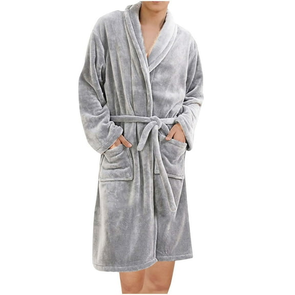 Women's Flannel Robes Thickened Warm Soft Long Sleeve Bathrobes Plus Velvet Padded Sleepwear with Pockets Gray XXXL