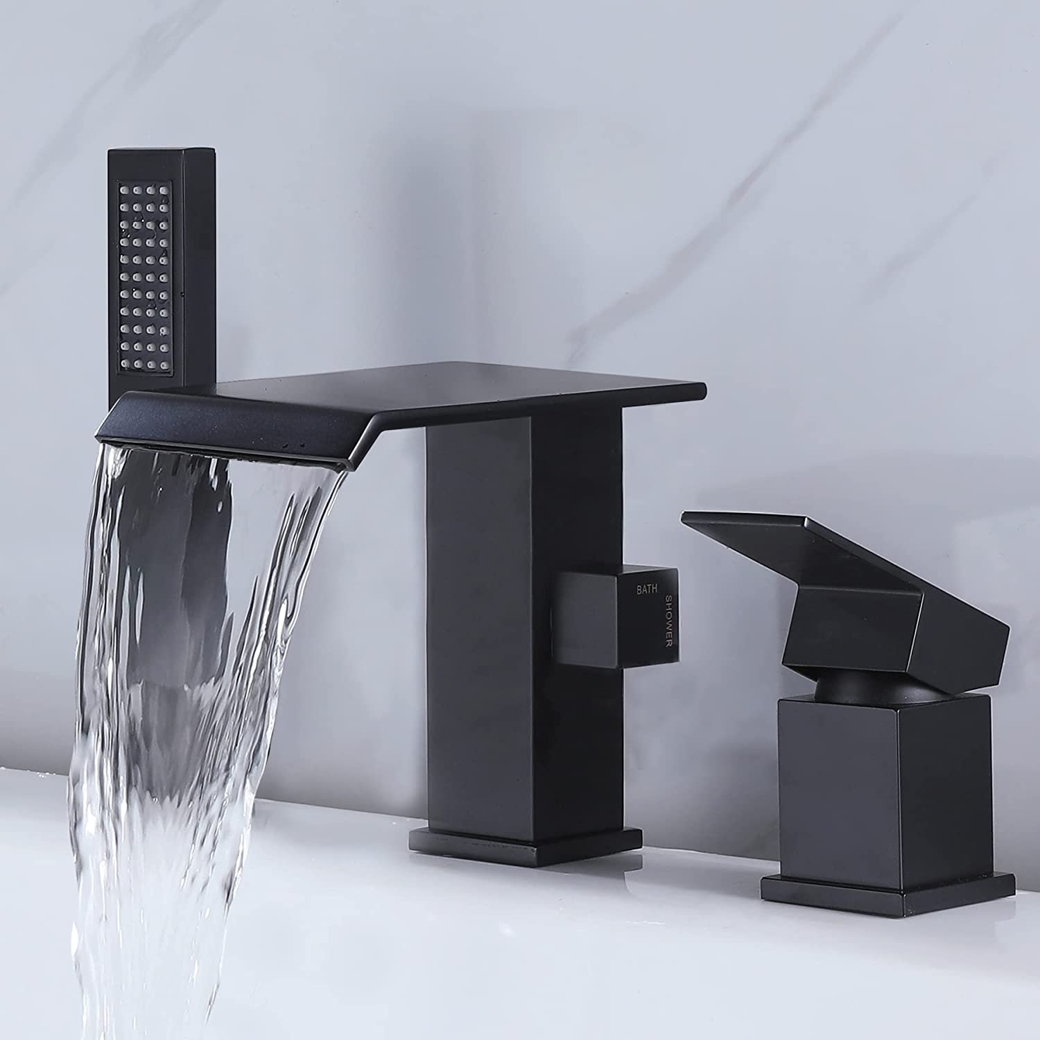 JSTCL Waterfall Roman Tub Faucet with Hand Shower Matte Black High Flow