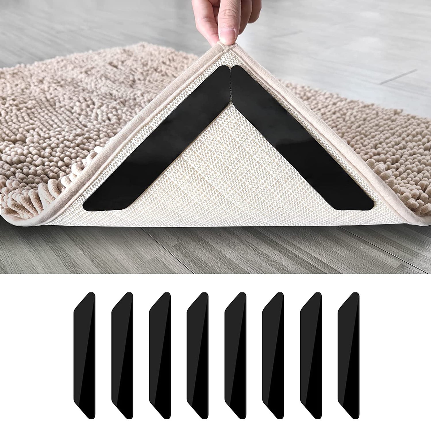 8pcs Black Anti-slip Rug Gripper With Reusable Pu Washable Adhesive Pads  For Carpet, Stairs & Floor