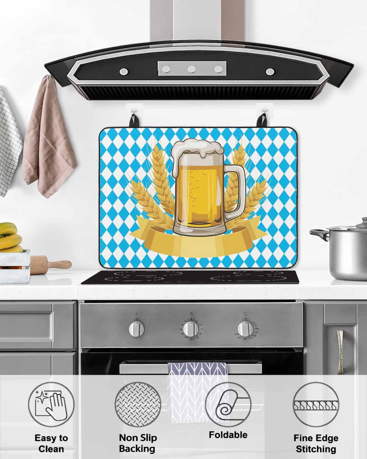 Large Induction Cooktop Protector Mat Cartoon Beer Stove Top Covers for Electric Stove, Funny Wheat Abstract Blue White Plaid Decorative Stove Burner Cover Mats, Glass Top Stove Cover