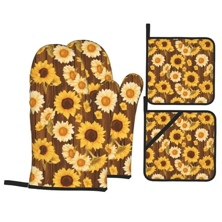 

Oven Mitts and Pot Holders Sets 4 pcs - Vintage Wood Grain Sunflower A Heat Resistant Silicone Oven Gloves with Non-Slip Silicone Surface and hot pads for kitchen Baking Cooking BBQ
