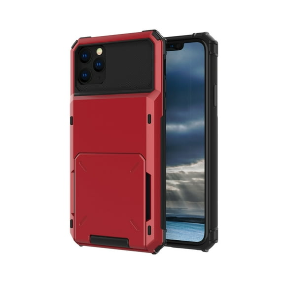 iPhone 12 Pro Max Case,  Wallet Cover 5 Credit Card Slots Holder Flip Hidden Rugged Dual Layer PC & TPU 2 in 1 Protection Hybrid Tough Back Armor Phone Skin For Apple iPhone 12 Pro Max, Red
