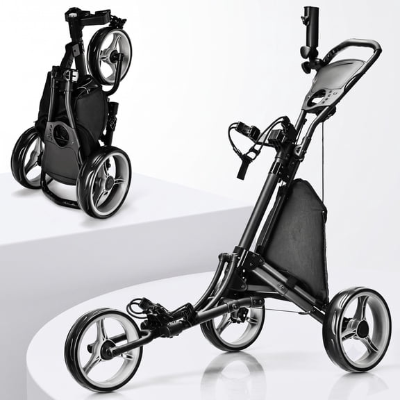 Airfind Folding 3 Wheel Golf Push Cart with Aluminum Frame and Storage Bag and Scoreboard and Adjustable Handle and Cup Holder, Gray