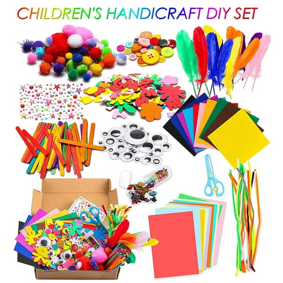 1000 Pcs Fournitures d'Arts et d'Artisanat pour Projets pour Enfants Kit d'Artisanat de Scrapbooking Pompons Pailletés Plumes Boutons Paillettes pour Enfants Fournitures d'Art Bricolage