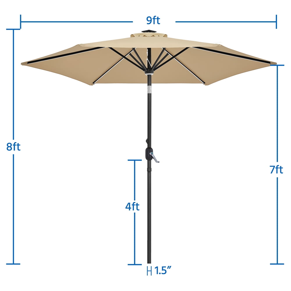Yaheetech 9ft Patio Umbrella with Solar Powered LED Lights Strips and Central Light, Tan