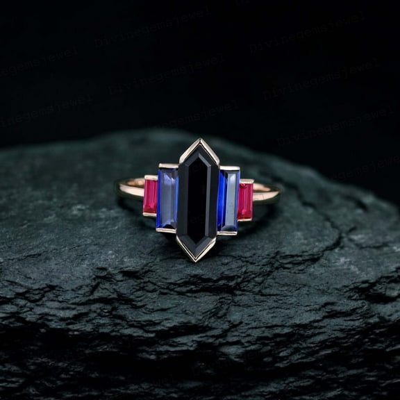 CHIRAGEMSJEWEL 12X5 MM/ Natural Onyx Women Wedding Ring Sapphire Ruby Stacking Ring Rose Gold Personalized Gift Jewelry Unique Statement Ring